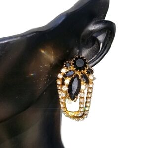 VINTAGE BLACK & WHITE RHINESTONE CHANDELIER CLIP ON EARRINGS